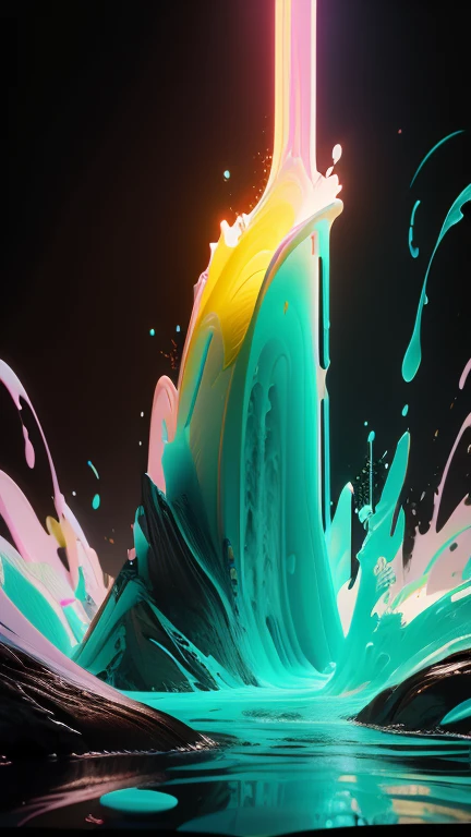 commercial photography, poderosa explosión de slime comes from the bottom of the shot in the image in a small stream and ends in the middle of the image in a large splash, paint splash, wet, artstation, by Lisa Frank, (cartoon, anime, flat colours, thin contours, pastel: 1.3), in the center of the explosion, white lighting, luz de estudio, 8K octane rendering, high resolution photography, buen detalle, incredibly detailed, en una llanura negra y aislada, foto de stock, professional color correction