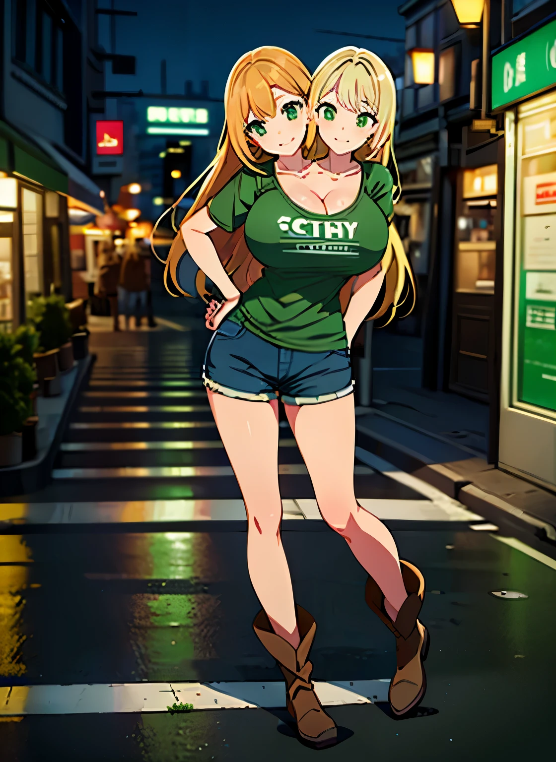 best quality, (masterpiece),(ultra-detailed), (high quality), (high resolution), ((2heads:1.5)) Gal, blond long hair, large breasts, thighs, shorts, cleavage, blue shorts, (close shot,best quality:1.5, highres, UHD, 4K), city street background, smiling, ((green neck hole t shirt)), green eyes, ((night city background)), (brown boots), ((full body)), strong