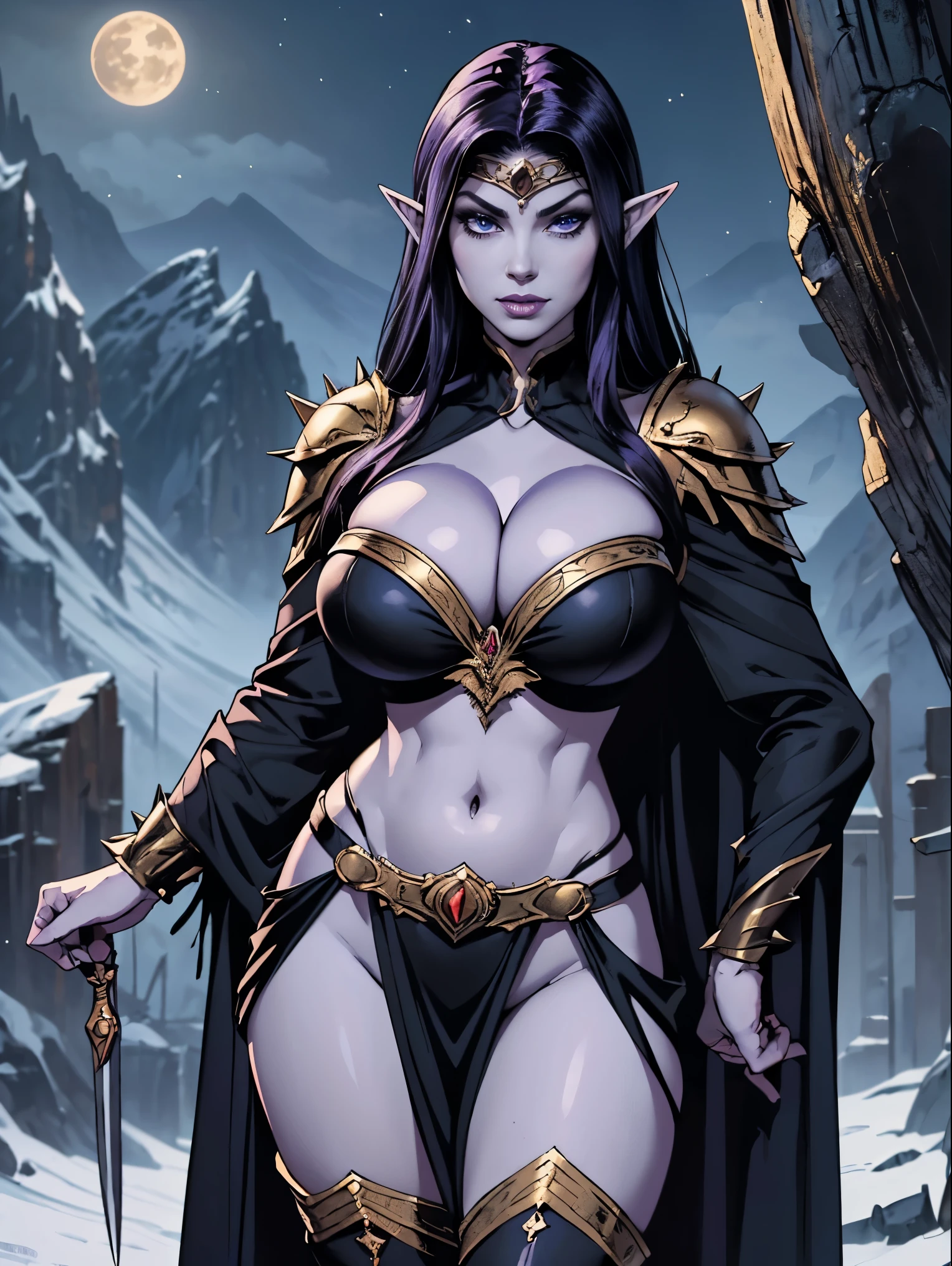 (masterpiece, top quality, best quality, official art, beautiful and aesthetic:1.2), (1girl:1.3), ((Sharp facial features, sharp features, hawkish features)), ((big hair, long elf ears, long black hair)), (((pale purple skin, pale blue skin, blue skin, purple skin))), big tiddy dark elf girl, extremely detailed, portrait, looking at viewer, solo, (full body:0.6), detailed background, full-body shot, (cold night mountain theme:1.1), dark elf war dancer, (spiky winged headdress), charlatan, smirk, mysterious, swaying in mountains, skimpy attire, revealing gladiatrix costume, ebony metal, gold filigree, gold bikini, circlet, metal bikini, long boots, dual knives, blood red fabric, pelvic curtain, loincloth, black leather, ((((gigantic breasts, cleavage, skindentation, long legs, pelvic curtain)))), cute belly button, toned tummy, slim waist, slim hips, long legs, medieval (mountain exterior:1.1) background, dark mysterious lighting, shadows, magical atmosphere, dutch angle