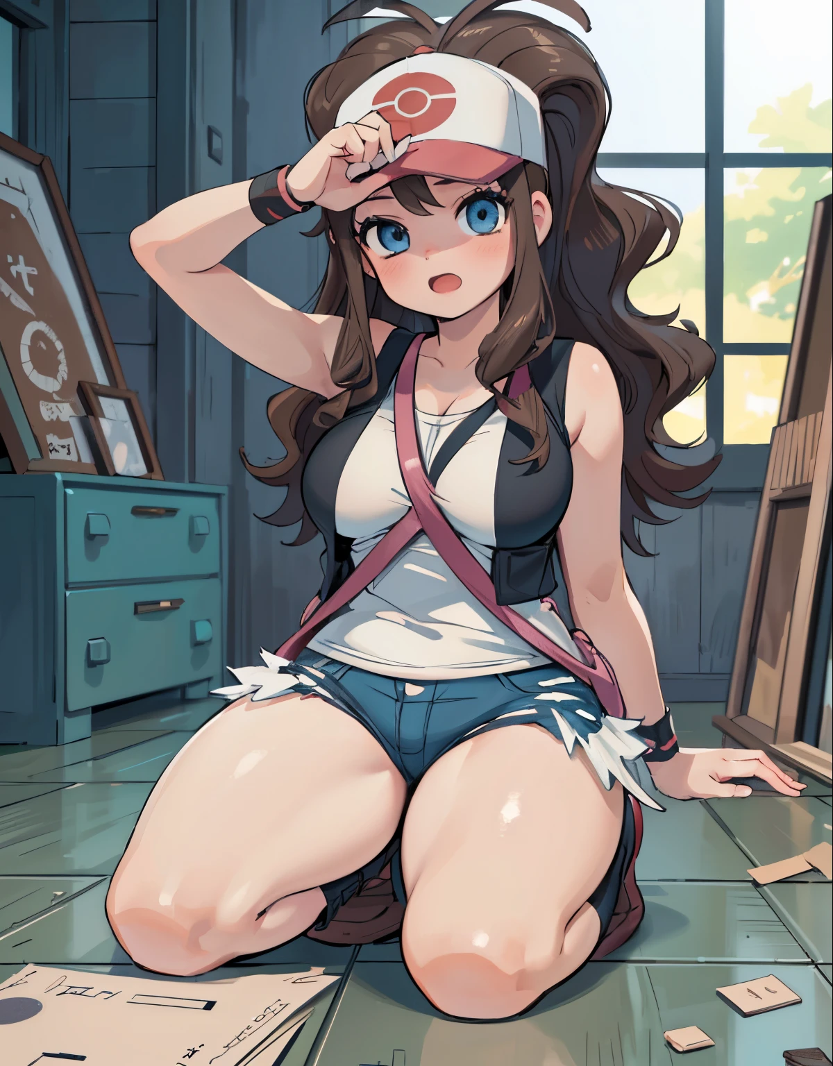 (best quality,4k,8k,highres,masterpiece:1.2),ultra-detailed,(realistic,photorealistic,photo-realistic:1.37)highres,portrait,beautiful girl, ultra-detailed, realistic:1.37, sketches, hilda pokemon, def1, detailed eyes, beautiful eyes, anime style eyes, perfect hands, curvy, visible thighs, chubby thighs, thighs in the foreground, curious look, open mouth, encanto femenino, in a abandoned warehouse, dinamic pose