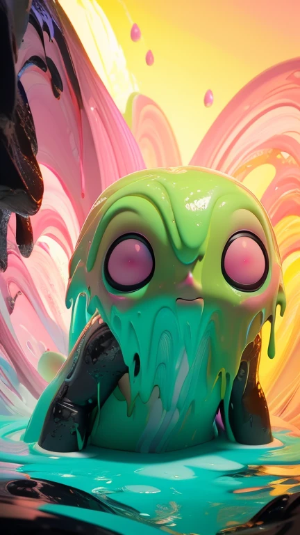 commercial photography, poderosa explosión de slime comes from the bottom of the shot in the image in a small stream and ends in the middle of the image in a large splash, paint splash, wet, artstation, by Lisa Frank, (cartoon, anime, flat colours, thin contours, pastel: 1.3), in the center of the explosion, white lighting, luz de estudio, 8K octane rendering, high resolution photography, buen detalle, incredibly detailed, en una llanura negra y aislada, foto de stock, professional color correction