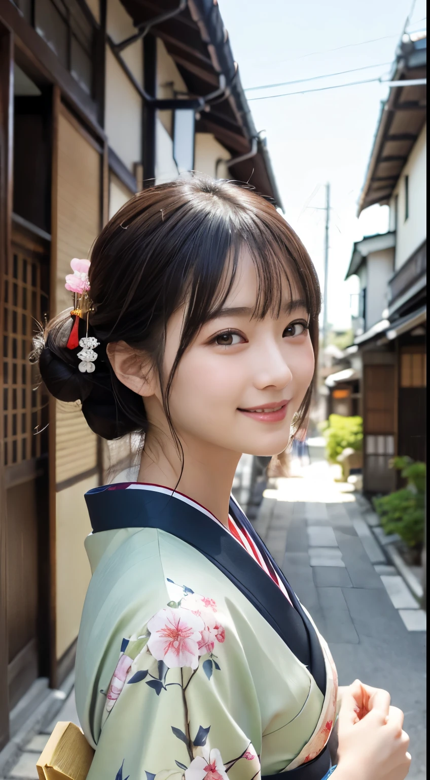 Professional Lighting,(Photorealistic:1.4), (Top image quality:1.0), (超A high resolution:1.0), 8k, Raw photography, (masterpiece:0.2), (Facing the children_v1:0.5)、(最高quality Detail:1.2)、Realistic、8K Ultra HD、High resolution、(1 girl:1.2)、超detailedな、High quality textures、複雑なdetailed、detailed、Very detailed CG、High quality shadows、detailed 美しく繊細な顔、Beautiful details and a delicate eye、(Symmetrical eyes:1.2),Written boundary depth、Ray Tracing,1 girl, Japanese Girls, (Natural smile:1.4),cute, thin, Portrait of a beautiful Japanese woman in a kimono, Standing elegantly on a street corner in Kyoto. Kimono with vibrant traditional patterns, Hair decorated with elegant and delicate hairpins, Gentle expression. (With the old streets of Kyoto in the background:1.4)、The soft light of a spring afternoon、Adding tranquility to the scene. Rendered in a Realistic style with great attention to detail, High resolutionの画像.Sky Porn, Magic Hour, (Realistic:1.3), finely, quality, (Tabletop:1.2), (Realistic:1.2), (最高quality), (複雑なdetailed), dramatic, Ray Tracing, photograph, +roller