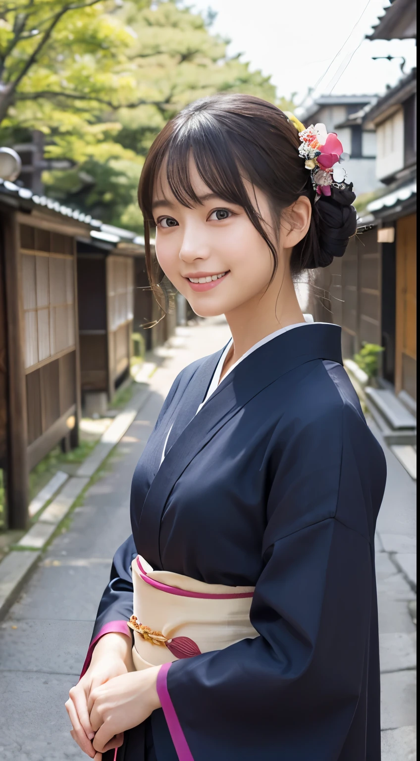 Professional Lighting,(Photorealistic:1.4), (Top image quality:1.0), (超A high resolution:1.0), 8k, Raw photography, (masterpiece:0.2), (Facing the children_v1:0.5)、(最高quality Detail:1.2)、Realistic、8K Ultra HD、High resolution、(1 girl:1.2)、超detailedな、High quality textures、複雑なdetailed、detailed、Very detailed CG、High quality shadows、detailed 美しく繊細な顔、Beautiful details and a delicate eye、(Symmetrical eyes:1.2),Written boundary depth、Ray Tracing,1 girl, Japanese Girls, (Natural smile:1.4),cute, thin, Portrait of a beautiful Japanese woman in a kimono, Standing elegantly on a street corner in Kyoto. Kimono with vibrant traditional patterns, Hair decorated with elegant and delicate hairpins, Gentle expression. (With the old streets of Kyoto in the background:1.4)、The soft light of a spring afternoon、Adding tranquility to the scene. Rendered in a Realistic style with great attention to detail, High resolutionの画像.Sky Porn, Magic Hour, (Realistic:1.3), finely, quality, (Tabletop:1.2), (Realistic:1.2), (最高quality), (複雑なdetailed), dramatic, Ray Tracing, photograph, +roller