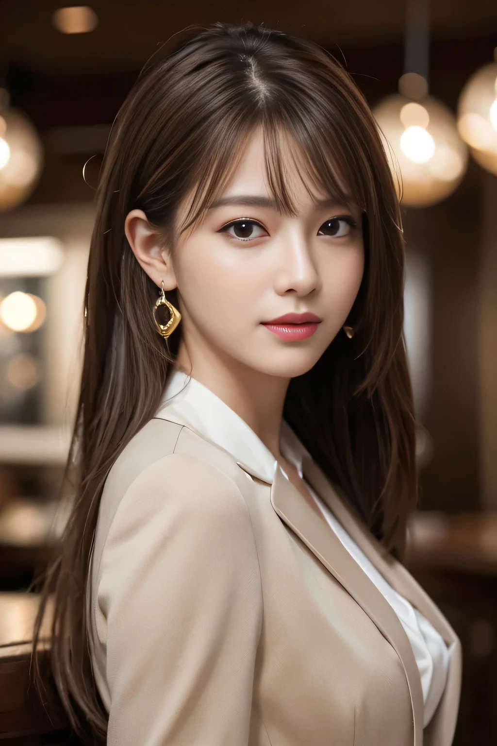 masterpiece, highest quality, Realistic, Very detailed, Finer details, High resolution, 8k wallpaper, One beautiful woman, Wear casual business attire, In a great restaurant, At night, Light brown messy hair, Perfect dynamic composition, Beautiful and beautiful eyes、Big earrings