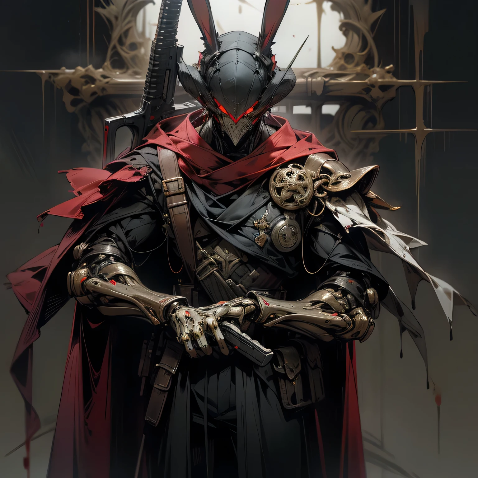 In the heart of a surreal landscape, one figure stands out, a grotesque hybrid known as the Rabbit Man. Dressed in military attire, he grips a gun with a determined gaze, the fabric and his hands stained crimson from a recent gory scene. The dark fantasy setting comes alive as this unexpected mechanical marvel, a rogue cybernetic guardian, defies the norms of reality. The blood: 1.2, a remnant of the violence he has inflicted, adds to the eerie atmosphere of this uncanny sight.