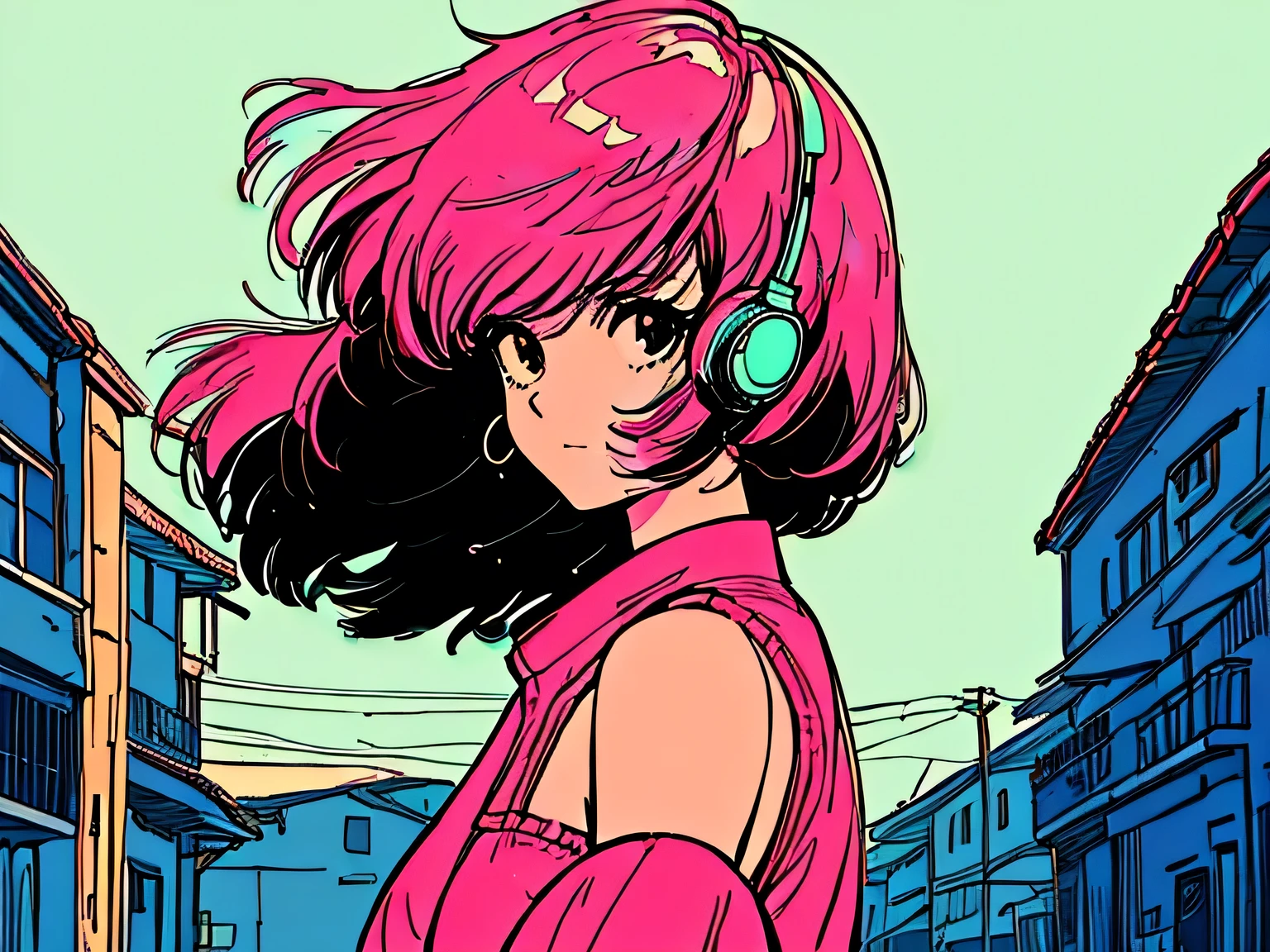 master piece, street fasion, Pink Hair, fluffy bob cut, shoulder length, alone, Futuristic, yet, lofi, retro, Alley, High resolution,  The wind is blowing, ((back shot)),   high resolution, chillout, wearing headphones, simple background