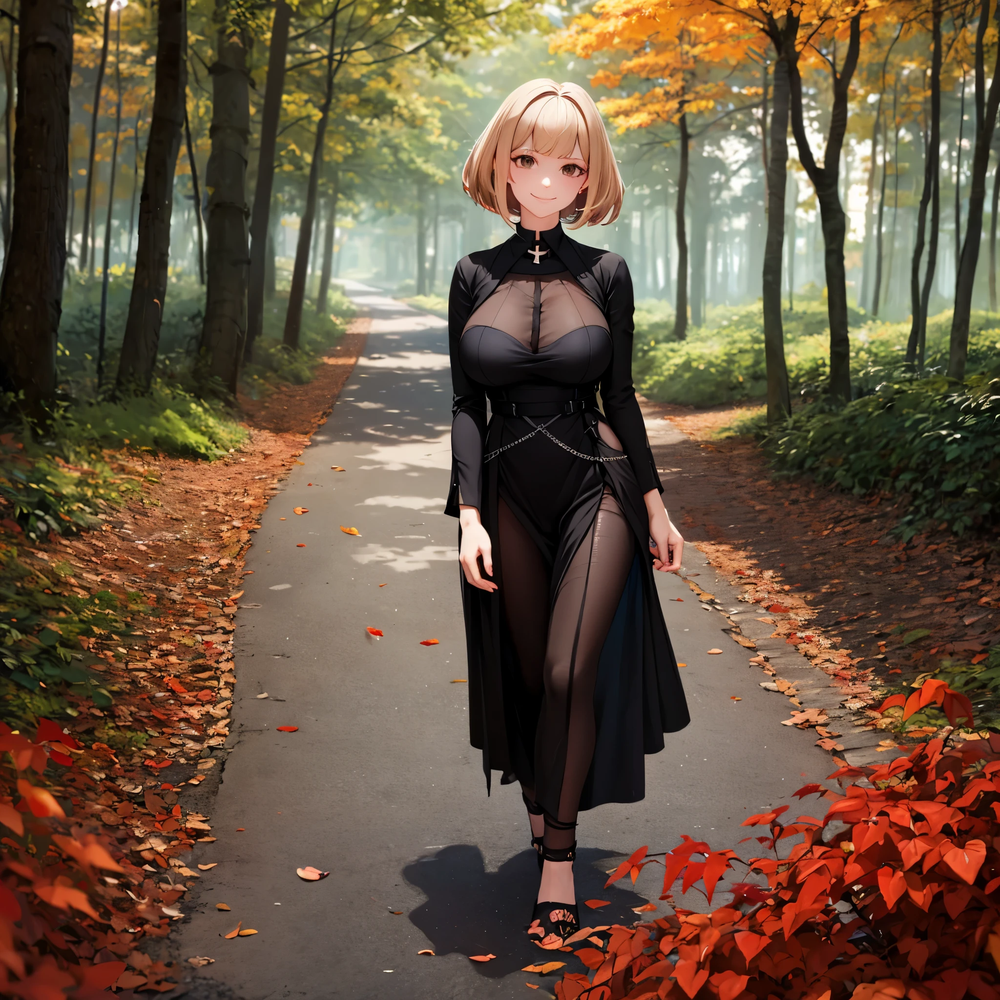 A woman wearing a long low-cut black dress, with a personalized iron cross necklace, black heels, brown eyes, short blonde hair, red bangs, smiling, big breasts, a black rose in her hair, walking on a sidewalk in a forest, trees with red leaves, many leaves falling to the ground, full body, bokeh effect. (solo woman), ultra resolution, very detailed, bloom, masterpiece, very detailed texture.
