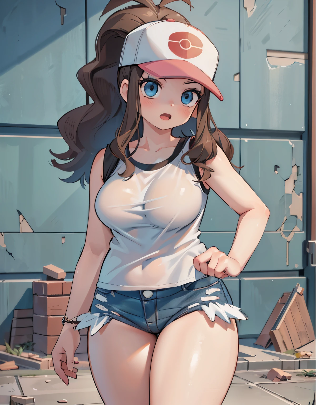 (best quality,4k,8k,highres,masterpiece:1.2),ultra-detailed,(realistic,photorealistic,photo-realistic:1.37)highres,portrait,beautiful girl, ultra-detailed, realistic:1.37, sketches, hilda pokemon, def1, detailed eyes, beautiful eyes, anime style eyes, perfect hands, curvy, visible thighs, chubby thighs, thighs in the foreground, curious look, open mouth, encanto femenino,  in a abandoned warehouse, dinamic pose