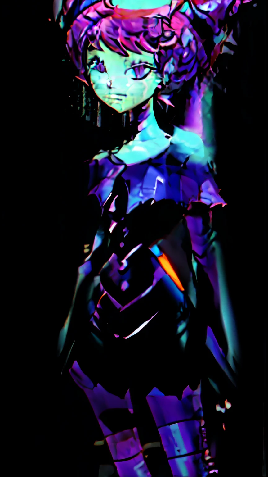 (cowboy shot), sfw, (masterpiece), (best quality:1.0), (ultra highres:1.0), detailed eyes,
BREAK
Jinx,
purple capelet, black dress, choker, striped thighhighs
BREAK
abstract background