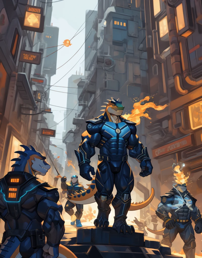 A muscular orange anthropomorphic lizard with orange ,wearing a tight navy blue futuristic scfi superhero battle outfit, useing telekinesis to fight crime, in a metropolis
