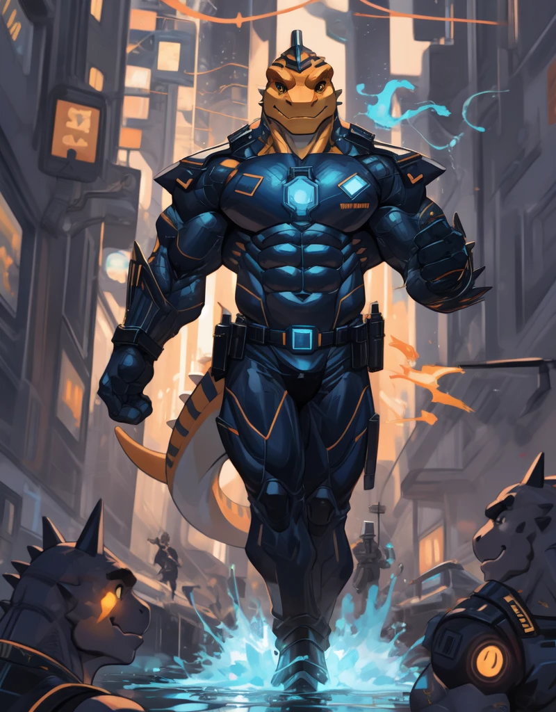 A muscular orange anthropomorphic lizard with orange ,wearing a tight navy blue futuristic scfi superhero battle outfit, useing telekinesis to fight crime, in a metropolis