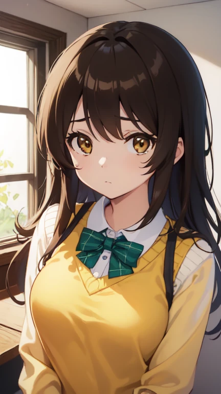 kotegawayui, Yui Kotegawa, pelo negro, (Brown eyes:1.5), pelo largo,
ROMPER green Falda, tartan, tartan Falda, uniforme de secundaria sainan, , Falda, sweater vest, (yellow sweater:1.3), mangas cortas,
ROMPER looking at viewer,
ROMPER indoors, aula,
ROMPER (Obra maestra:1.2), mejor calidad, high resolution, fondo de pantalla de unidad 8k, (illustration:0.8), (hermosos ojos detallados:1.6), cara extremadamente detallada, Perfect lighting, CG extremadamente detallado, (manos perfectas, perfect anatomy),