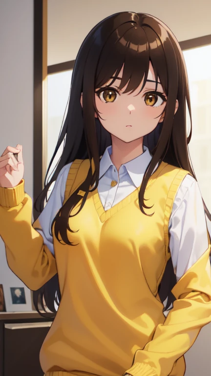 kotegawayui, Yui Kotegawa, pelo negro, (Brown eyes:1.5), pelo largo,
ROMPER green Falda, tartan, tartan Falda, uniforme de secundaria sainan, , Falda, sweater vest, (yellow sweater:1.3), mangas cortas,
ROMPER looking at viewer,
ROMPER indoors, aula,
ROMPER (Obra maestra:1.2), mejor calidad, high resolution, fondo de pantalla de unidad 8k, (illustration:0.8), (hermosos ojos detallados:1.6), cara extremadamente detallada, Perfect lighting, CG extremadamente detallado, (manos perfectas, perfect anatomy),
