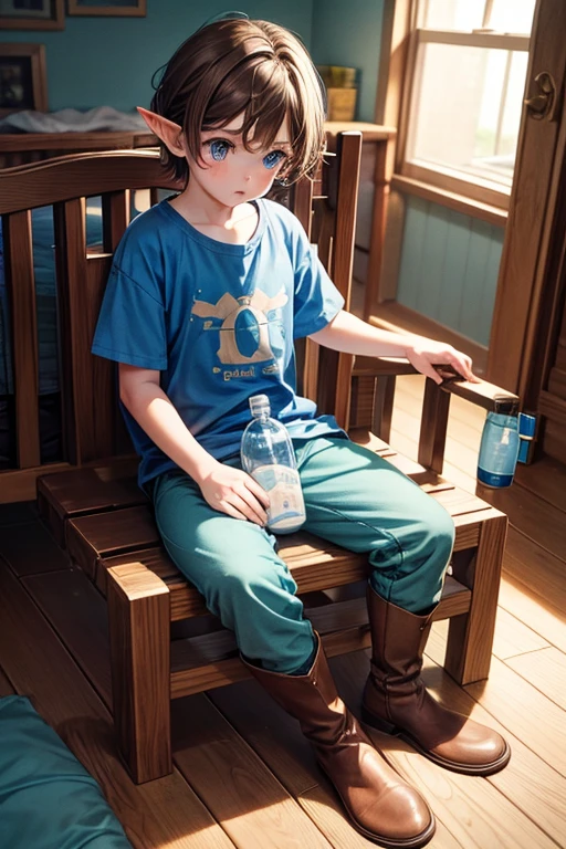 Elf baby, 2 years old, with messy brown hair with blue eyes, blue baby clothes, light blue pants, blue t-shirt with a bottle in his hand, light blue boots with a pin equipped with a crib in the background of a wooden house.