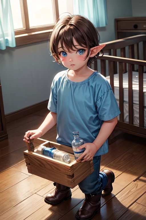 Elf baby, 2 years old, with messy brown hair with blue eyes, blue baby clothes, light blue pants, blue t-shirt with a bottle in his hand, light blue boots with a pin equipped with a crib in the background of a wooden house.