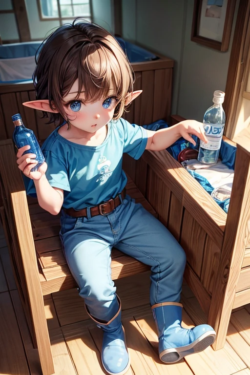 Elf baby, 2 years old, with messy brown hair with blue eyes, blue baby clothes, light blue pants, blue t-shirt with a bottle in his hand, light blue boots with a pin equipped with a crib in the background of a wooden house.