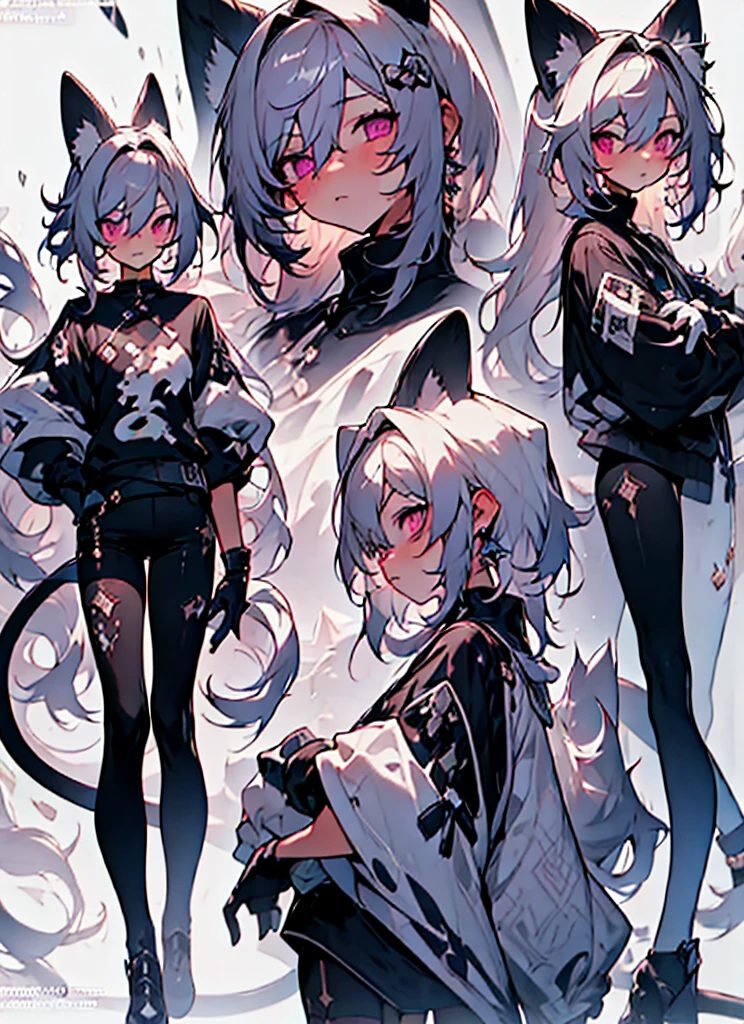 ((best quality)), ((masterpiece)), (detailed), (anime), perfect face, (soft), cute, anime cat boy, Mafumafu, , pure white hair, soft purple eyes, shine, white cat tail, barcode on left of cheek, wearing white haori with black bottom, emo thigh highs, black fingerless gloves