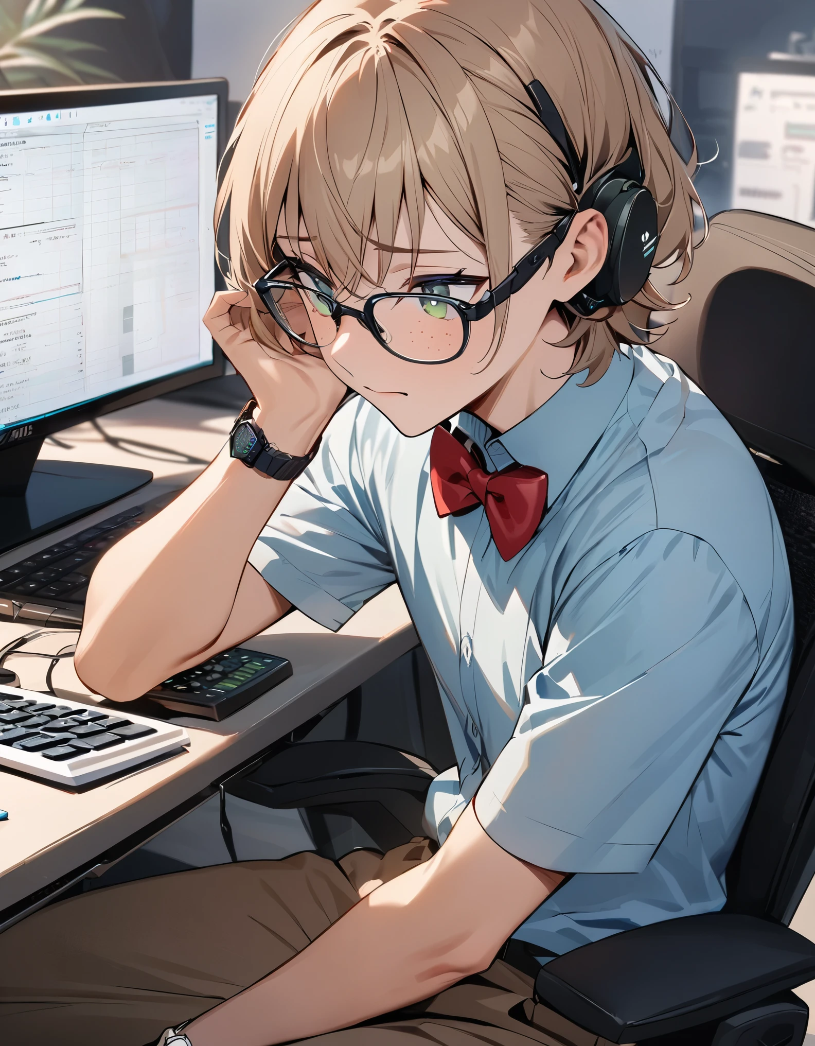 masterpiece, best quality, male focus, solo, solo focus, 1boy, glasses, light brown hair, short hair, medium hair, green eyes, freckles, cute face, accountant, red bow tie, light blue shirt, short sleeves, brown pants, wristwatch, white sneakers, office backdrop, desktop computer, tactical display on computer screen, sitting in office chair, calculator, shy, tactical headset.