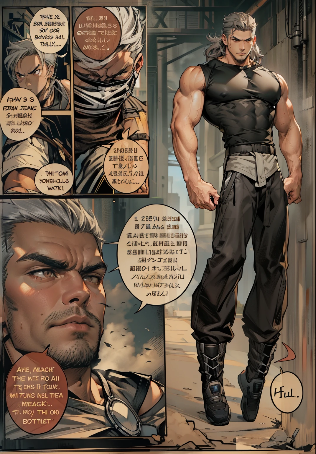 boys 26 Years old, juvenile, Serious face, brown eyes, gray hair, brown eyes, muscular, wearing ((gray sleeveless shirts)), black trousers, sky, cloud