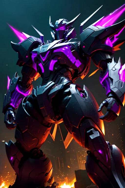 Evil robot, muscular body, has laser powers, lasers are purple, has black armor, has purple eyes, and lives in destroyed city