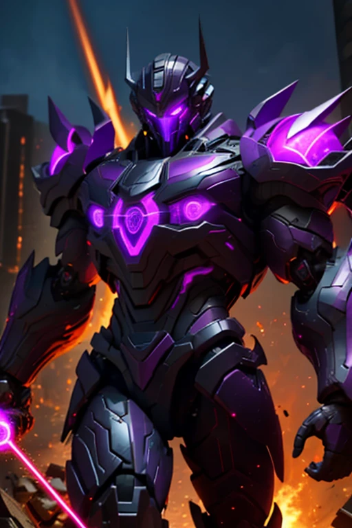 Evil robot, muscular body, has laser powers, lasers are purple, has black armor, has purple eyes, and lives in destroyed city