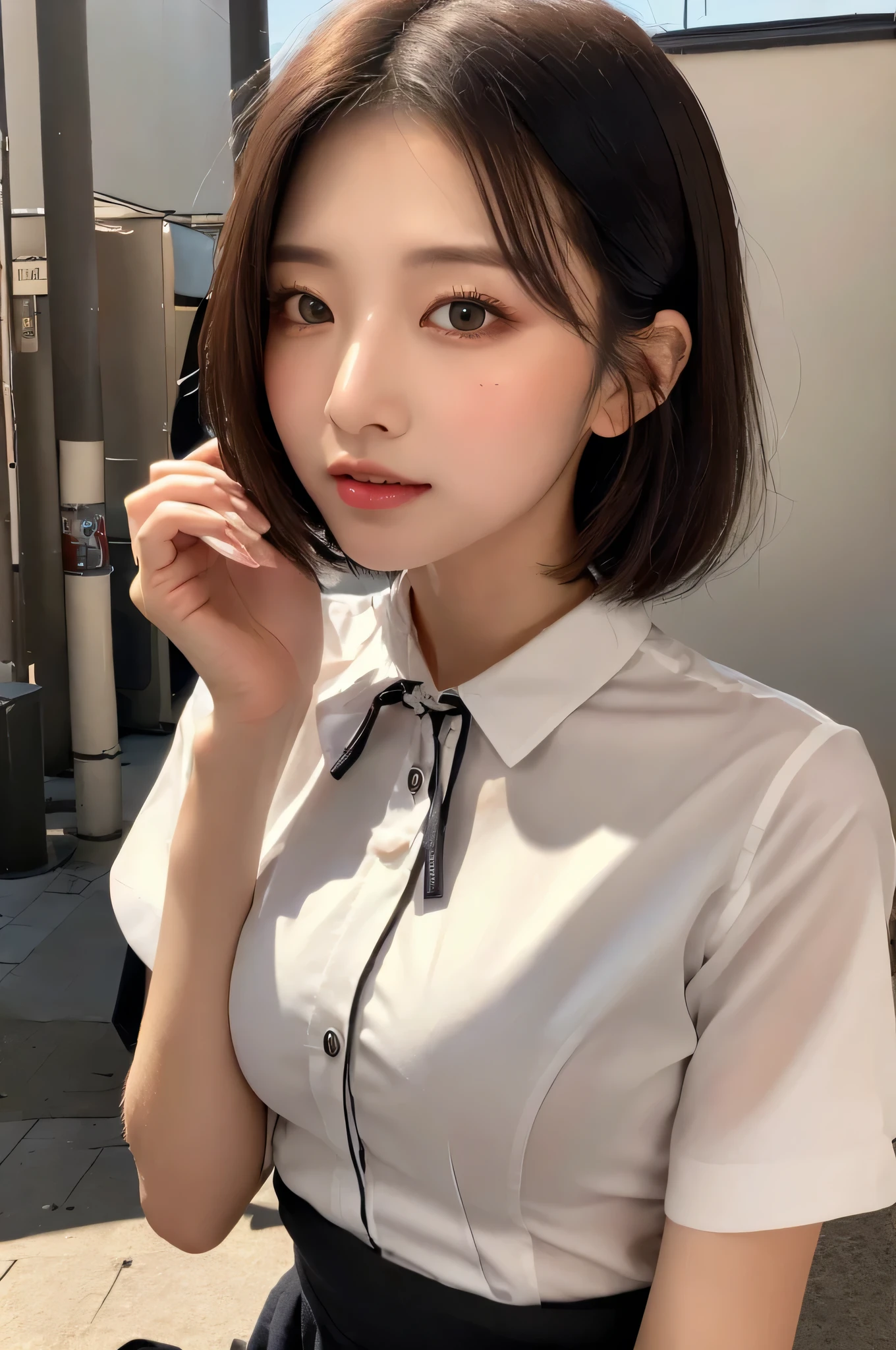 (最high quality, 8K, Super masterpiece:1.3)), sharp:1.2, perfect body beauty:1.4, slim abs:1.2, ((short to medium hair, big breasts:1.2)), Highly detailed face and skin texture
、(masterpiece), (portrait), (beautiful), (beautiful), (Upper body), (high quality), (beautiful clothings), (Professional angle), (Rule of thirds), (feminine), (woman), (woman), (beautiful),(Feminine characteristics), (21 years), alone, 1 woman, (attractive japanese), autumn, (-), (evening), (soft light), ((Serve tea)), (put your hand on your waist), ((Face looking down)), ((elegant)), (natural makeup), (big bust), (bow tie),(bob cut hair), (hair hairpin), (Partially open eyes), (brown eyes), (cute look), Fair skin, (Lace trim clothes), (maid dress), (bold outfit), (knee length ), (sweetheart neckline), ((Traditional Maid Coffee Background)), (medium range shot), beautiful hands, both hands, normal hand, upper arm, full hand, beautiful body, beautiful fingers, normal fingers, five fingers, five fingers, beautiful ears, normal ear, beautiful eyes, shining eyes, beautiful mouth, beautiful lips, sexy