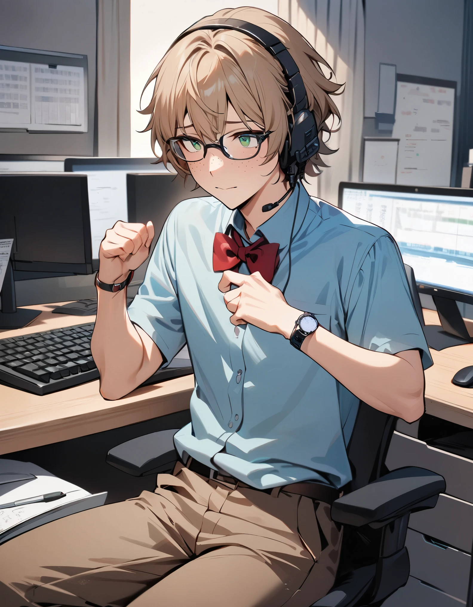 masterpiece, best quality, male focus, solo, solo focus, 1boy, glasses, light brown hair, short hair, medium hair, green eyes, freckles, cute face, accountant, red bow tie, light blue shirt, short sleeves, brown pants, wristwatch, white sneakers, office backdrop, desktop computer, tactical display on computer screen, sitting in office chair, calculator, shy, tactical headset.