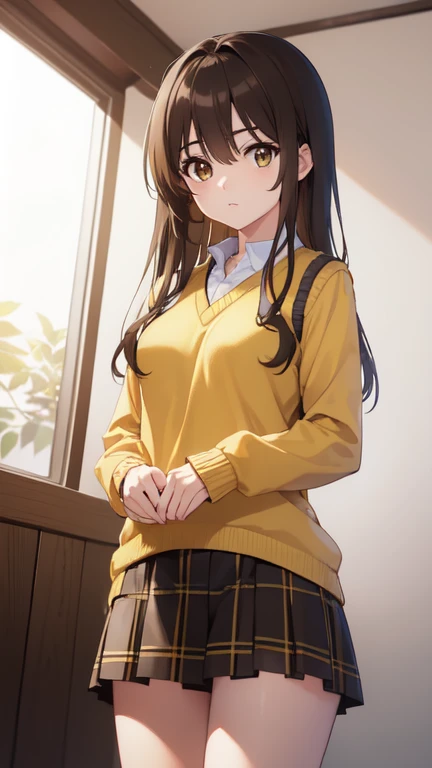 kotegawayui, Yui Kotegawa, pelo negro, (Brown eyes:1.5), pelo largo,
ROMPER green Falda, tartan, tartan Falda, uniforme de secundaria sainan, , Falda, sweater vest, (yellow sweater:1.3), mangas cortas,
ROMPER looking at viewer,
ROMPER indoors, aula,
ROMPER (Obra maestra:1.2), mejor calidad, high resolution, fondo de pantalla de unidad 8k, (illustration:0.8), (hermosos ojos detallados:1.6), cara extremadamente detallada, Perfect lighting, CG extremadamente detallado, (manos perfectas, perfect anatomy),