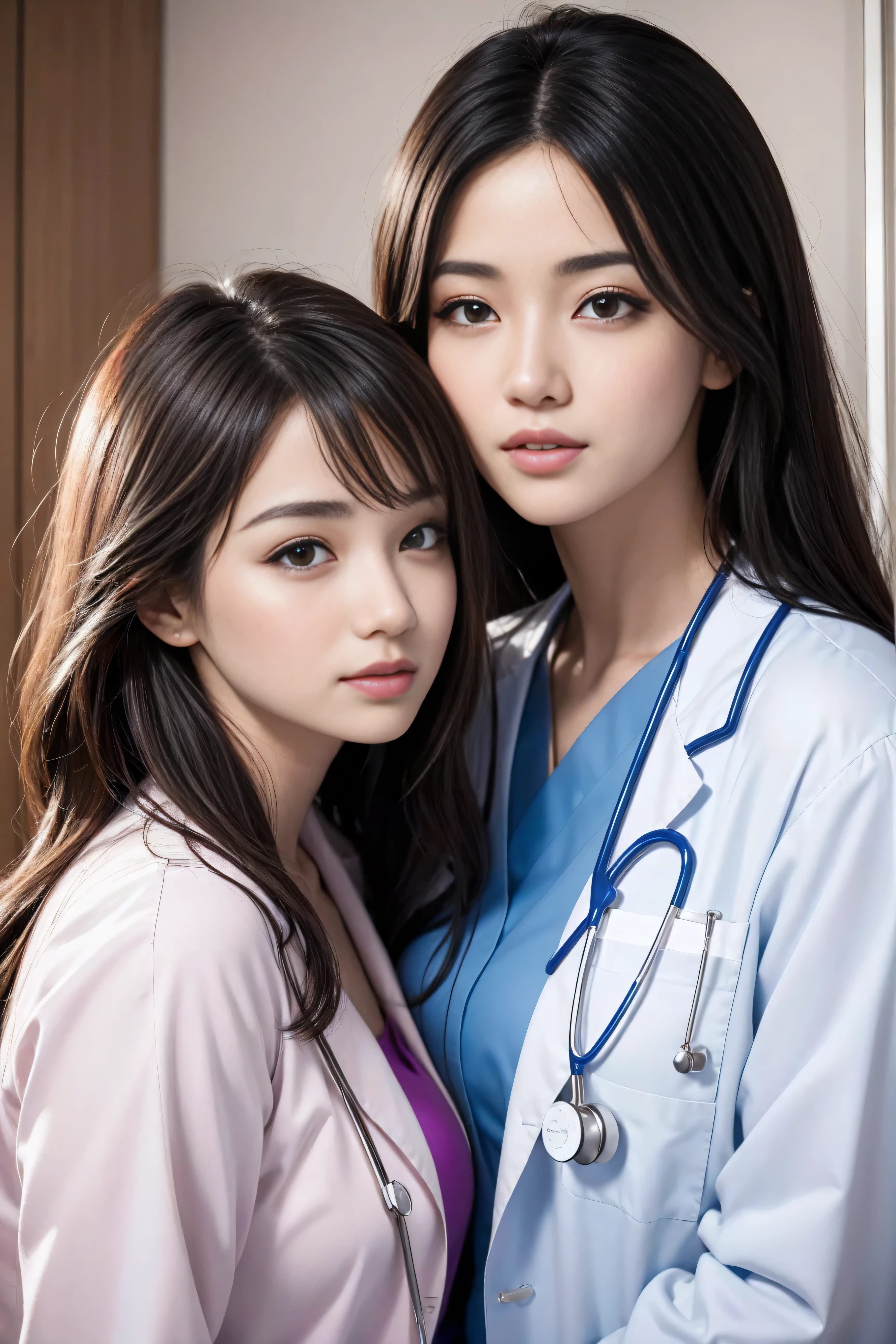 Realistic beautiful doctor、Stunningly beautiful、Doctor&#39;s white coat, Collared shirt、(Top quality、8K、32K、masterpiece、North African Trade Zone:1.3)、Ultra-high resolution,(Reality:1.4),Original Photography, Detailed face,,Beautiful hair, ((Doctor style)),,((Leg length)), （Thigh gap：1.5）， , Black tight skirt、 Natural Makeup,, Big plump breasts、In the hospital, Detailed background, Perfect lighting, Depth of Field, Beautiful shadow gradient,Stethoscope ,Full body proportion photo