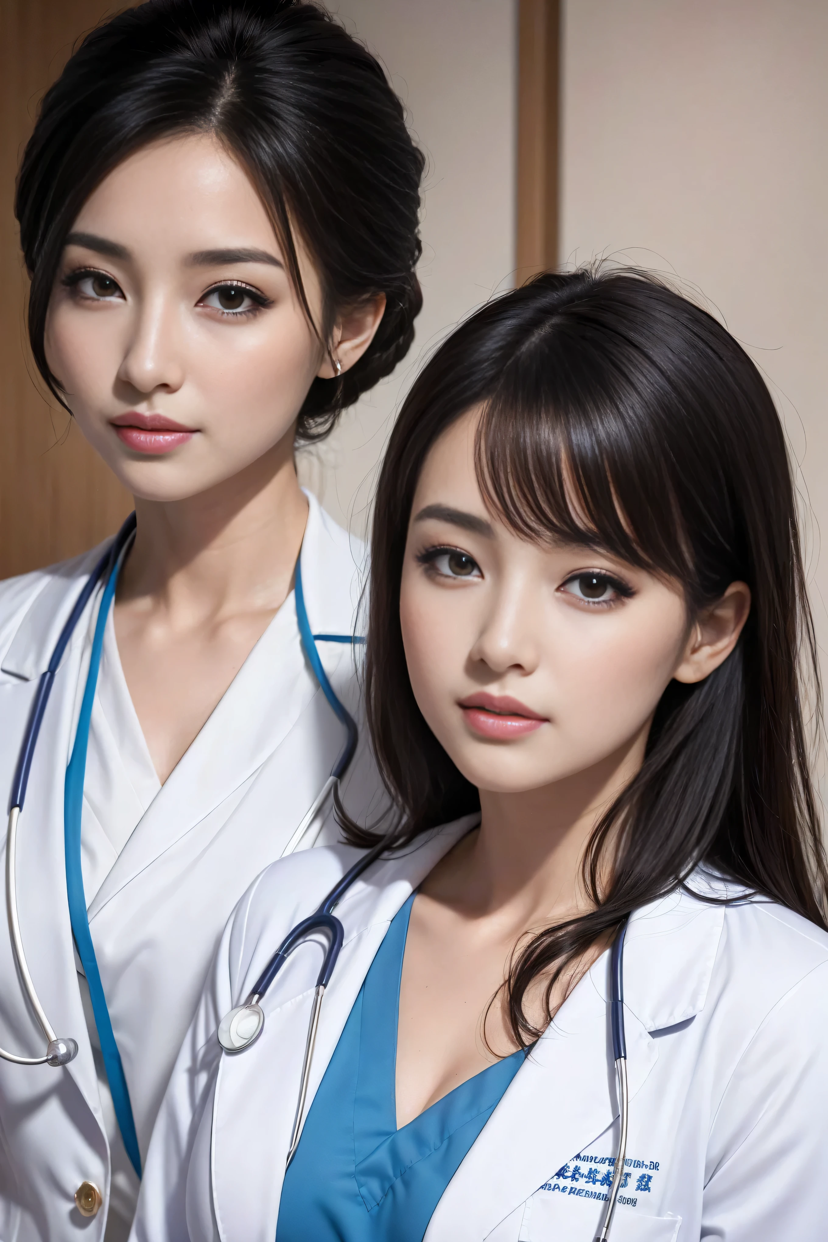 Realistic beautiful doctor、Stunningly beautiful、Doctor's white coat, Collared shirt、(Top quality、8K、32K、masterpiece、North African Trade Zone:1.3)、Ultra-high resolution,(Reality:1.4),Original Photography, Detailed face,,Beautiful hair, ((Doctor style)),,((Leg length)), (Thigh gap:1.5), , Black tight skirt、 Natural Makeup,, Big plump breasts、In the hospital, Detailed background, Perfect lighting, Depth of Field, Beautiful shadow gradient,Stethoscope ,Full body proportion photo