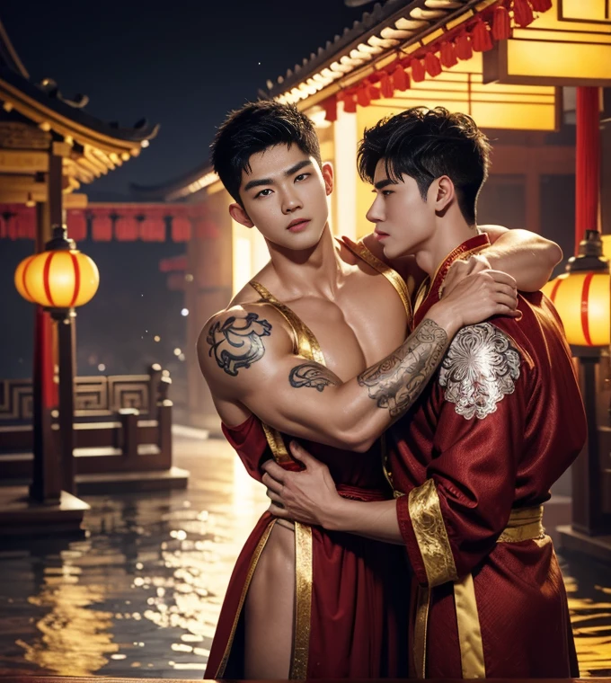 2 Handsome chinese guy kissing, 25 years old,hug, cuddle, touching lips, skin ship, romantic,  Asian, chinese hansome actor, kpop idol, handsome male model,manly, master work, best picture quality, higher quality, high detail, super high resolution, 8k resolution, perfect eyes, perfect skin, manly jawline, manly chin, perfect hands, big muscles,  bare chest, tattoos chest, tattoo hands, tattoo arms,  glowing eyes, short hair, hair details, detailed background , open Hanfu transparent tulle jacket, ((red and golden clothes with silver decoration)), super sexy loincloth, naked, long big erection dick, detailed perfect dick shape, Chinese garden background, Chinese kung fu, dragon-themed costumes, monk robes, spinning floating particles, chinese temple in background, looking at viewer