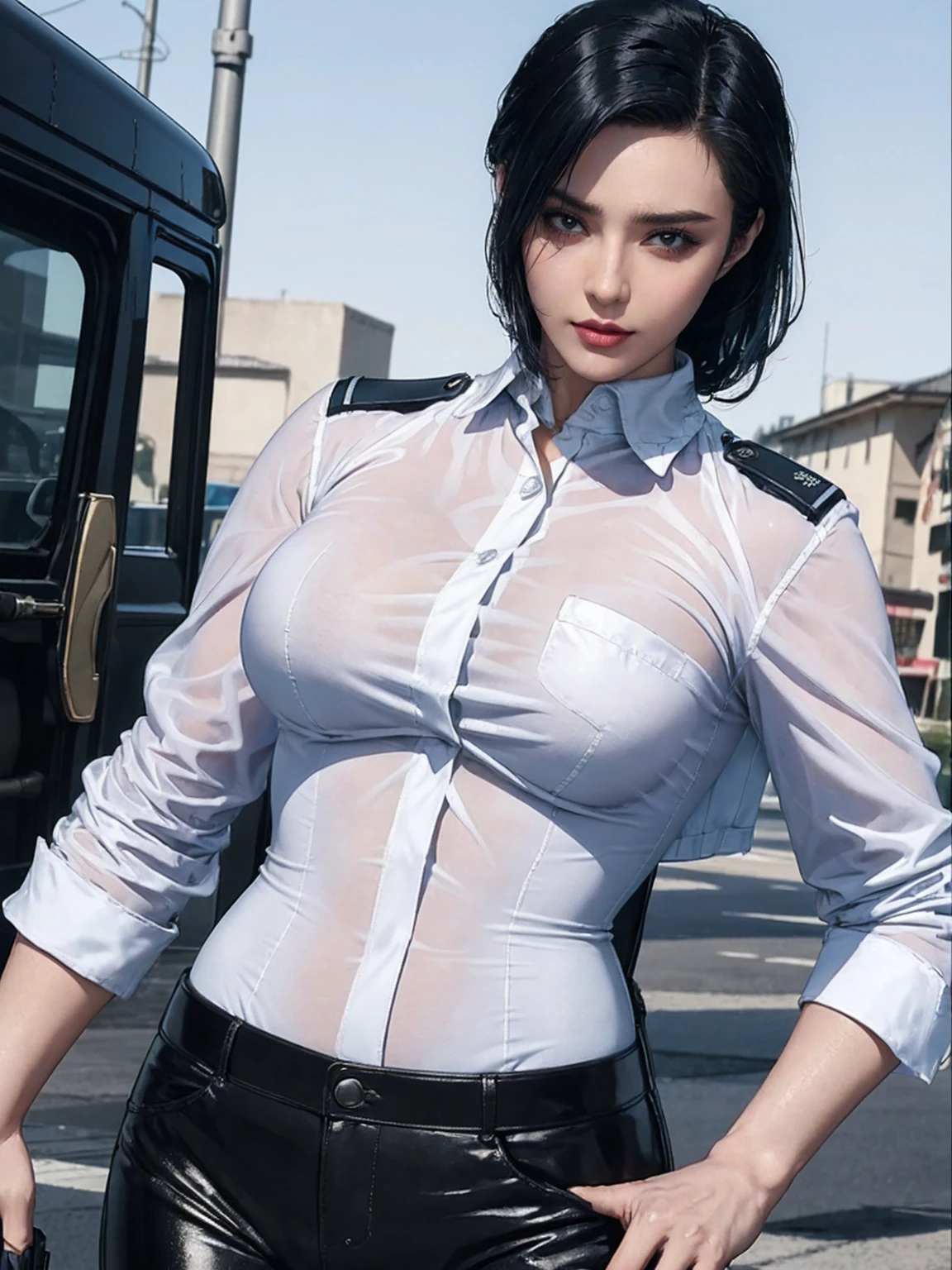 ((best quality, 8k, masterpiece: 1.3)), sharp: 1.2, Perfect body beauty: 1.4, Lean abdominal muscles: 1.2, ((Layered Hairstyle, Large Breasts: 1.2)), (wet White Button Long Shirt: 1.1), (Bulletproof police car, street: 1.2), wet: 1.5, Highly detailed face and skin texture, Delicateeyes, Double eyelids, Squinting at the camera, White police uniform, Tall and big, Army insignia, bulletproof vest, Intercom, Female soldier aiming a pistol at the camera, fully armed, Black leather pants, Special Forces,