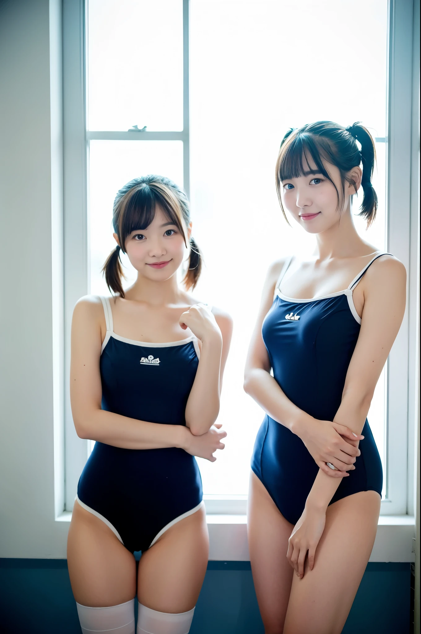 2 girls standing near window in school classroom,navy blue camisole style one-piece swimsuit with white piping trim,white over-the-knee socks,18-year-old,bangs,a little smile,thighs,knees,short hair and low pigtails with barrette,from below,front light