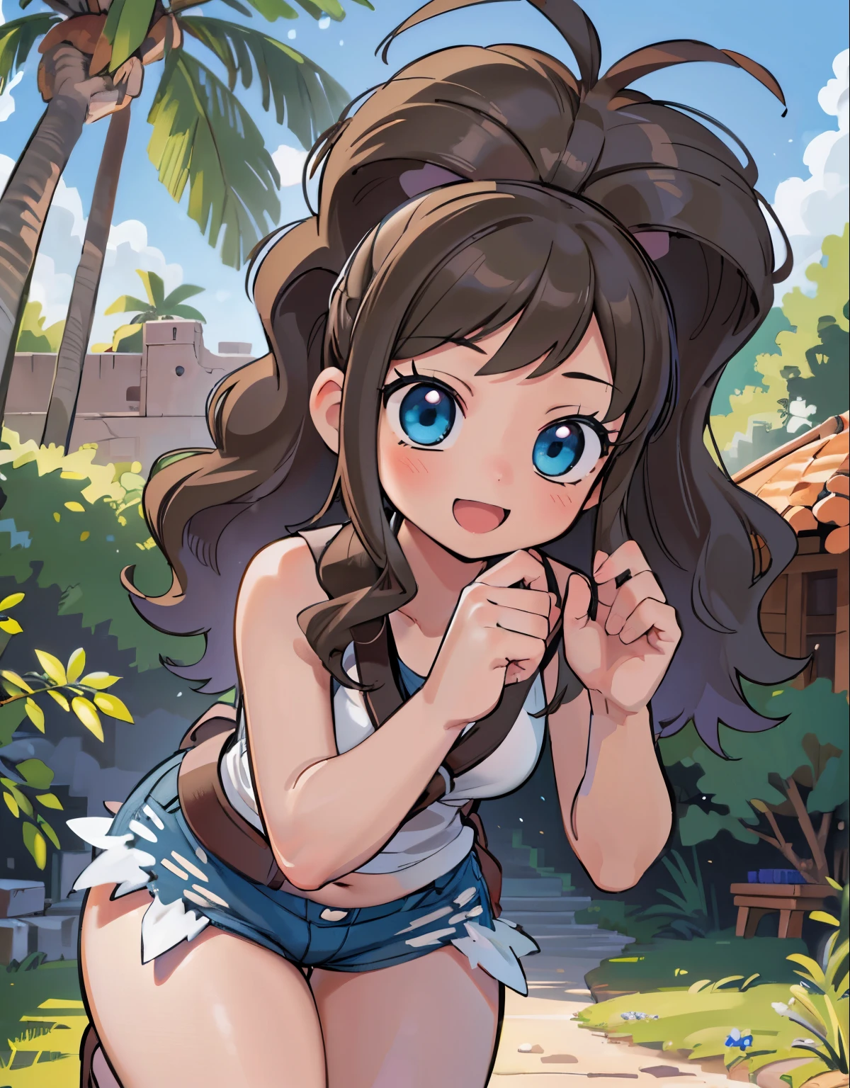 (best quality,4k,8k,highres,masterpiece:1.2),ultra-detailed,(realistic,photorealistic,photo-realistic:1.37)highres,portrait,beautiful girl, ultra-detailed, realistic:1.37, sketches, hilda pokemon, def1, full body, detailed eyes, beautiful eyes, anime style eyes, perfect hands, curvy, visible thighs, chubby thighs, thighs in the foreground, loved look, open mouth, smile, encanto fe******,  in some Mayan ruins, tropical setting, lost civilization, dinamic pose