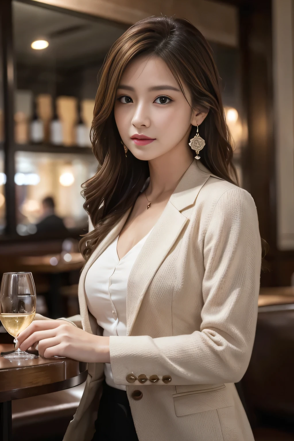 masterpiece, highest quality, Realistic, Very detailed, Finer details, High resolution, 8k wallpaper, One beautiful woman, Wear casual business attire, In a great restaurant, At night, Light brown messy hair, Perfect dynamic composition, Beautiful and beautiful eyes、Big earrings