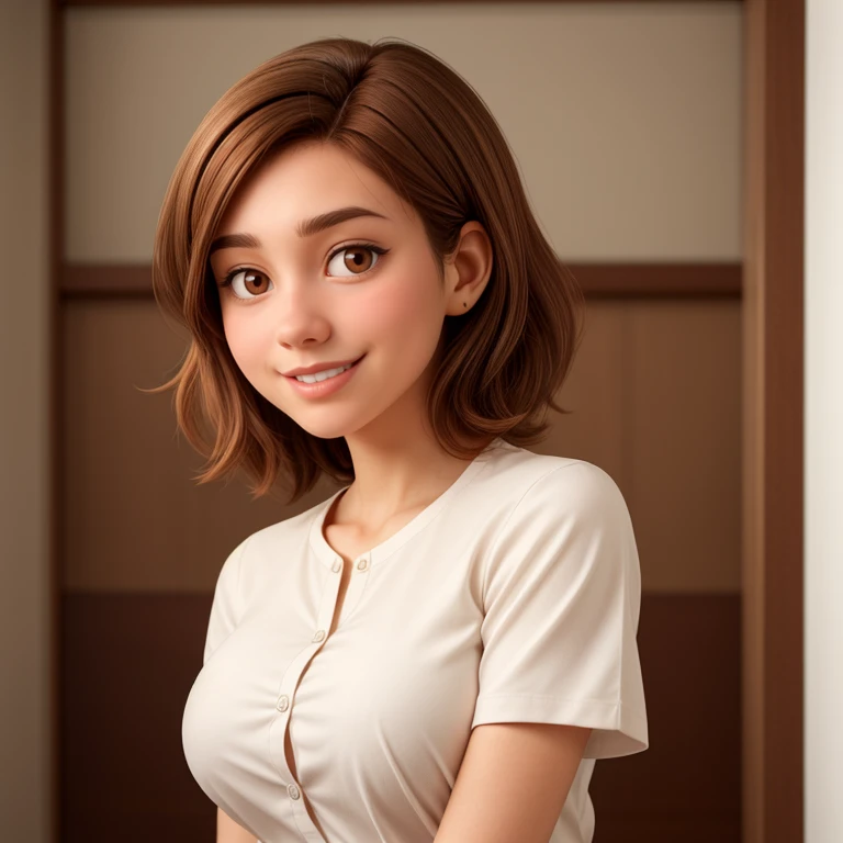 A 30-year-old woman, architect, with short brown hair, a round face, a charming smile, and slightly slanted brown eyes. She wears an elegant, low-cut shirt, which highlights her large breasts.