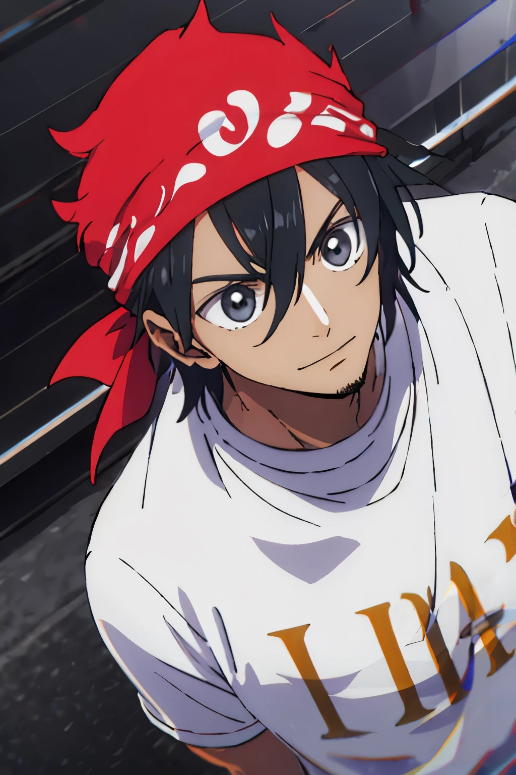 Crie um personagem masculino de cabelo preto e comprido, with a red and white bandana on his head
