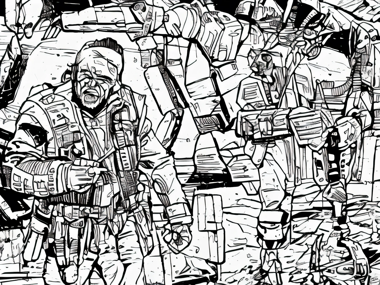 ((1 man, grey scale)), vest, sci-fi, pistol, tools, weapons, suit, speaking, worn out, angry, shouting