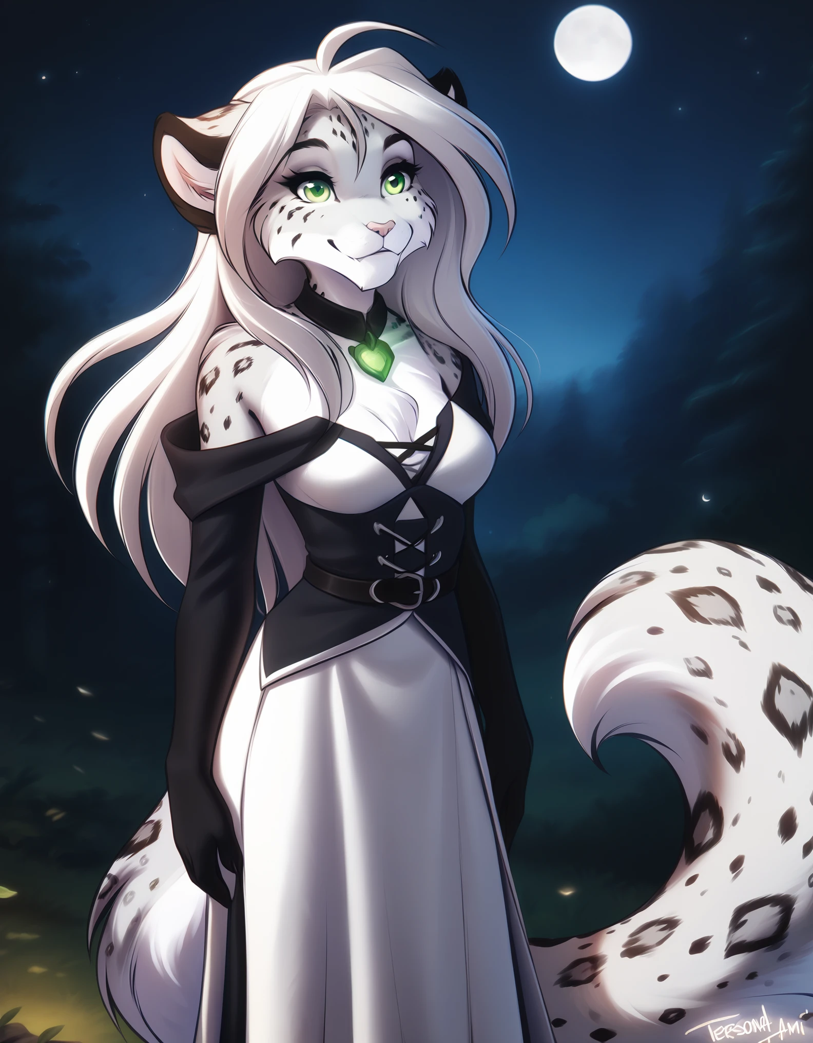 solo, tkamelia, anthro, green eyes, white fur, spotted fur, white hair, snow leopard, mammal, long hair, snow leopard tail,, amelia_(twokinds) , twokinds, personalami, rating:safe, arm_tuft, white fur, forest, night, stars, moon, White clothe, female, 1girl,