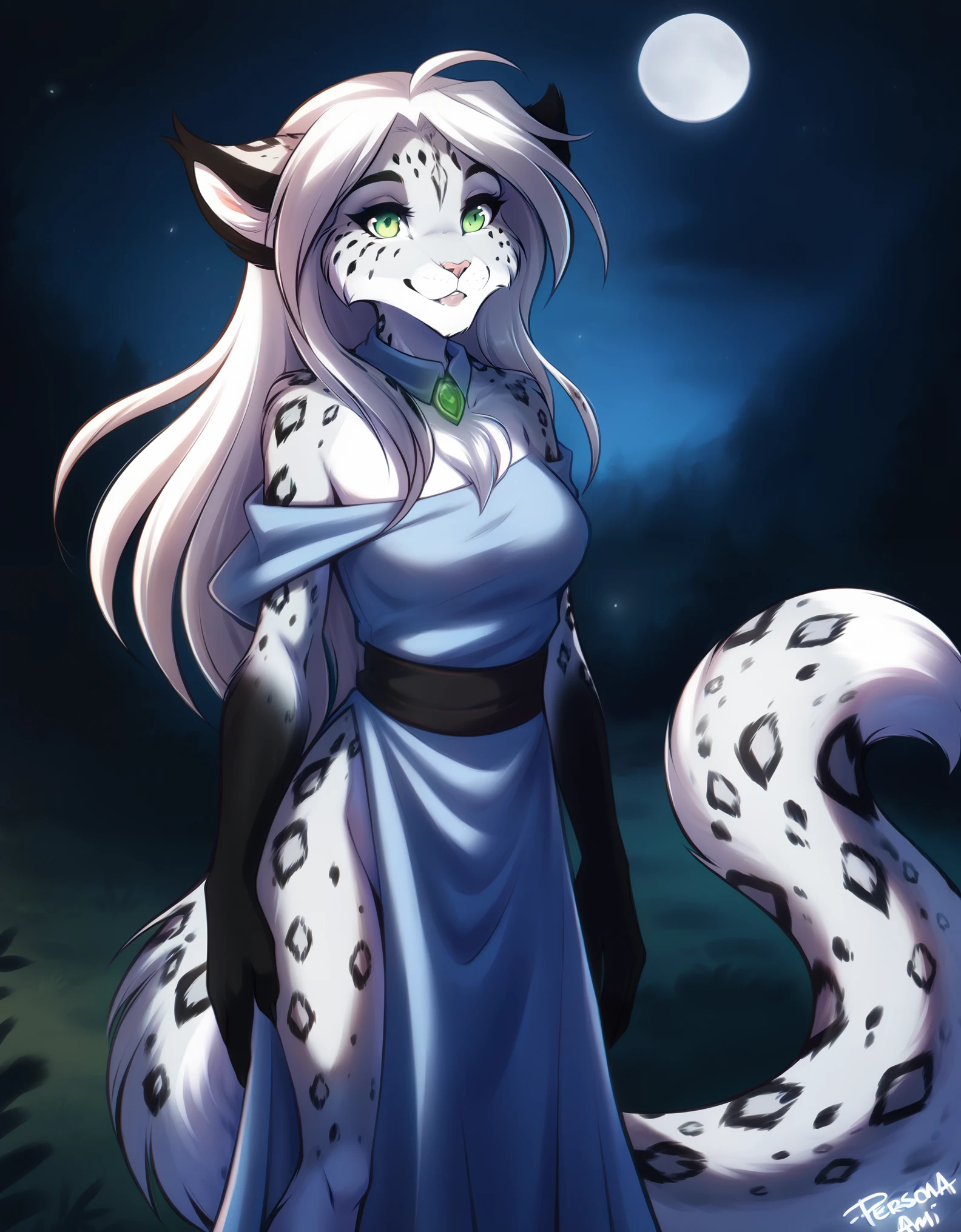 solo, tkamelia, anthro, green eyes, white fur, spotted fur, white hair, snow leopard, mammal, long hair, snow leopard tail,, amelia_(twokinds) , twokinds, personalami, rating:safe, arm_tuft, white fur, forest, night, stars, moon, White clothe, female, 1girl,