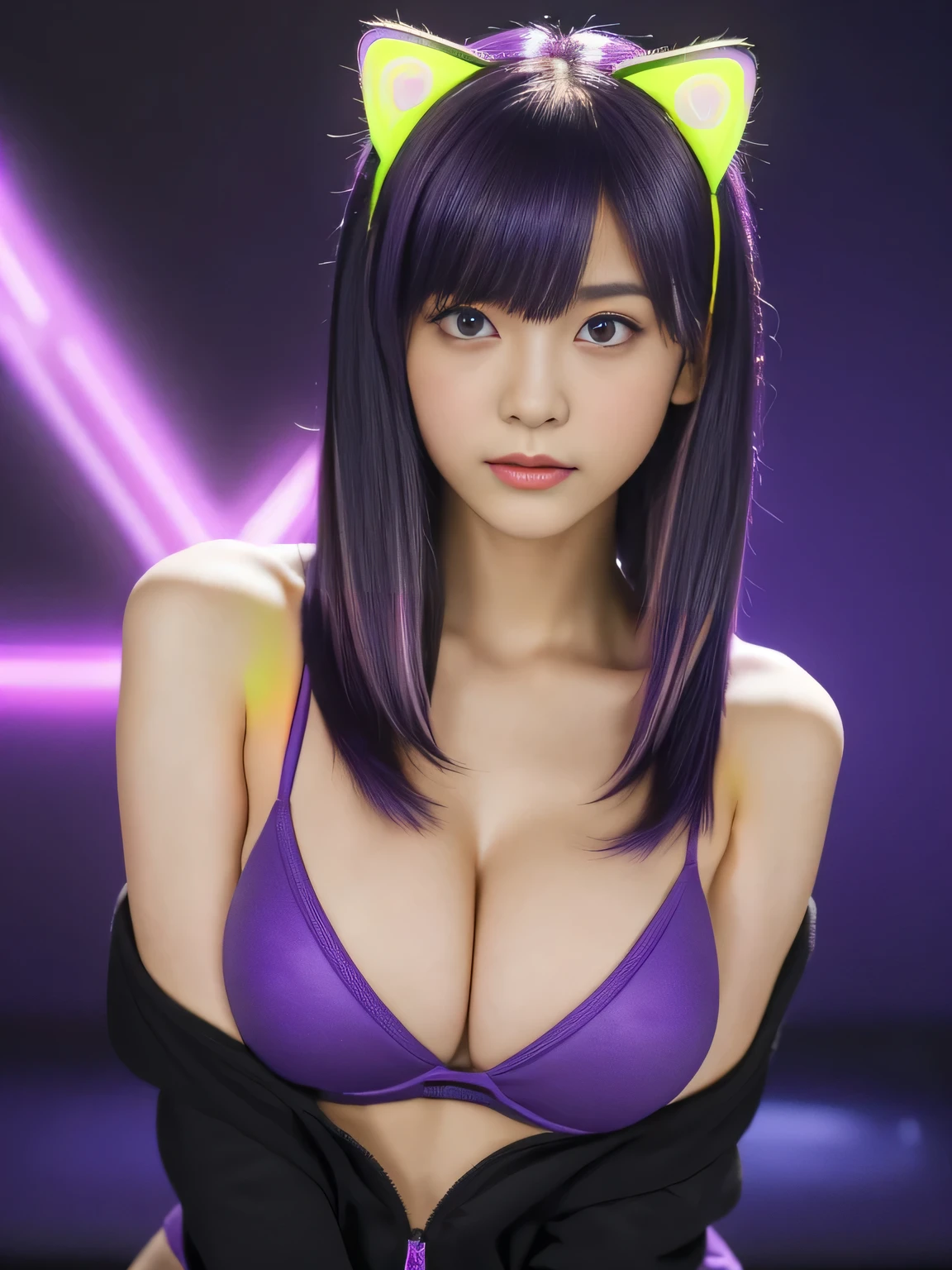 ,, junior high  breasts:1.4)、(Neon Purple Theme:1.2), masterpiece, highest quality, 4K, (Realistic), Bokeh, Awareness-raising,(1 perfect portrait of a girl), (A fascinating eye for perfect detail:1.2), Colorful Hair, (Gradient Hair), (Neon purple soft hair:1.6), (Cat ear:1.2), Fantasy Background, (Exposed bare shoulders), (Long-term alienation sleeve), (Lean forward slightly), Tilt your head, (Cinema Lighting:1.2), Larger clothes, (Seductive pose:1.4), (Neon Purple Background:1.6), beautiful purple eyes, close,(((Shortcuts:1.3)))