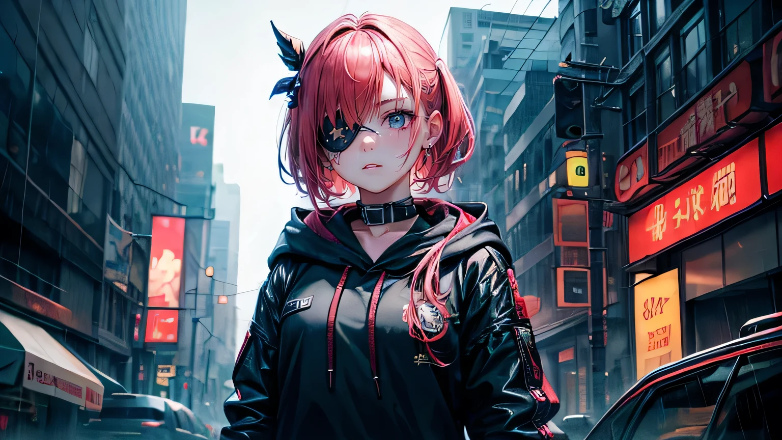 (oil, masterpiece, highest quality, Super detailed, Focus on the characters), girl、Eye patch、uniform,Detailed facial expression depiction，Detailed hair depiction,([return:0.8]|[ face facing returnwards:1.1]), 
hoodie,neon,([Rainy city at night scenario:1.2]|[ ground:1.3]| [High Contrast:1.1])  