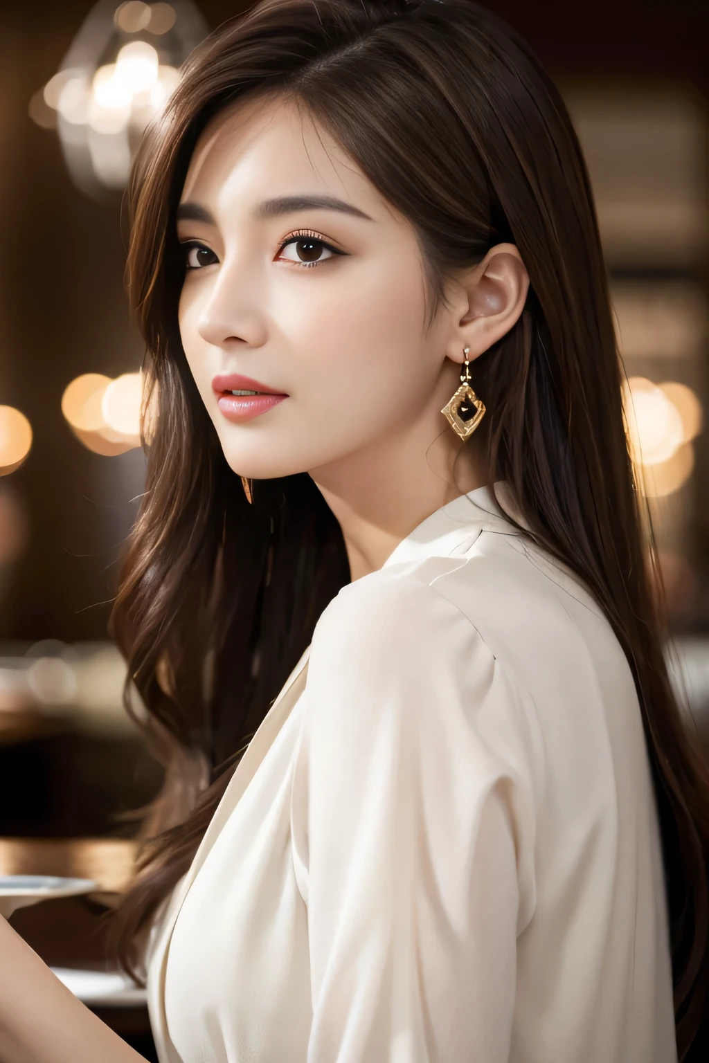 masterpiece, highest quality, Realistic, Very detailed, Finer details, High resolution, 8k wallpaper, One beautiful woman, Wear casual business attire, In a great restaurant, At night, Light brown messy hair, Perfect dynamic composition, Beautiful and beautiful eyes、Big earrings