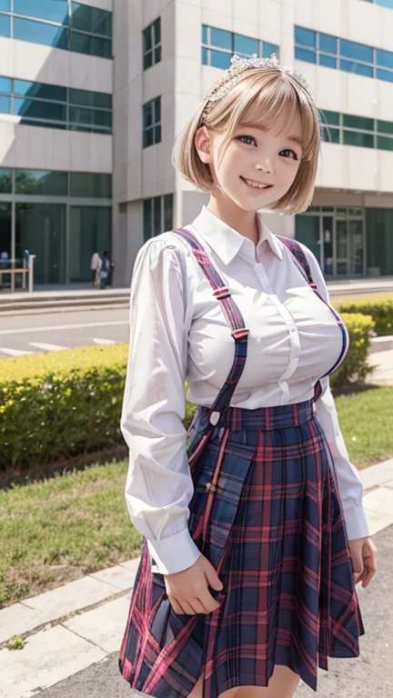 little young girl.................,, in front of the school、Connect to skirt with suspenders、White shirt with long sleeves、Plaid skirt、, , sakimichan,, nice and cute, Innocent smile, , Lovely smile, sakimichan HDRI、 big 、(Beauty Big 1:2)、a blond、 with short bob、Pose cutely , big breasts