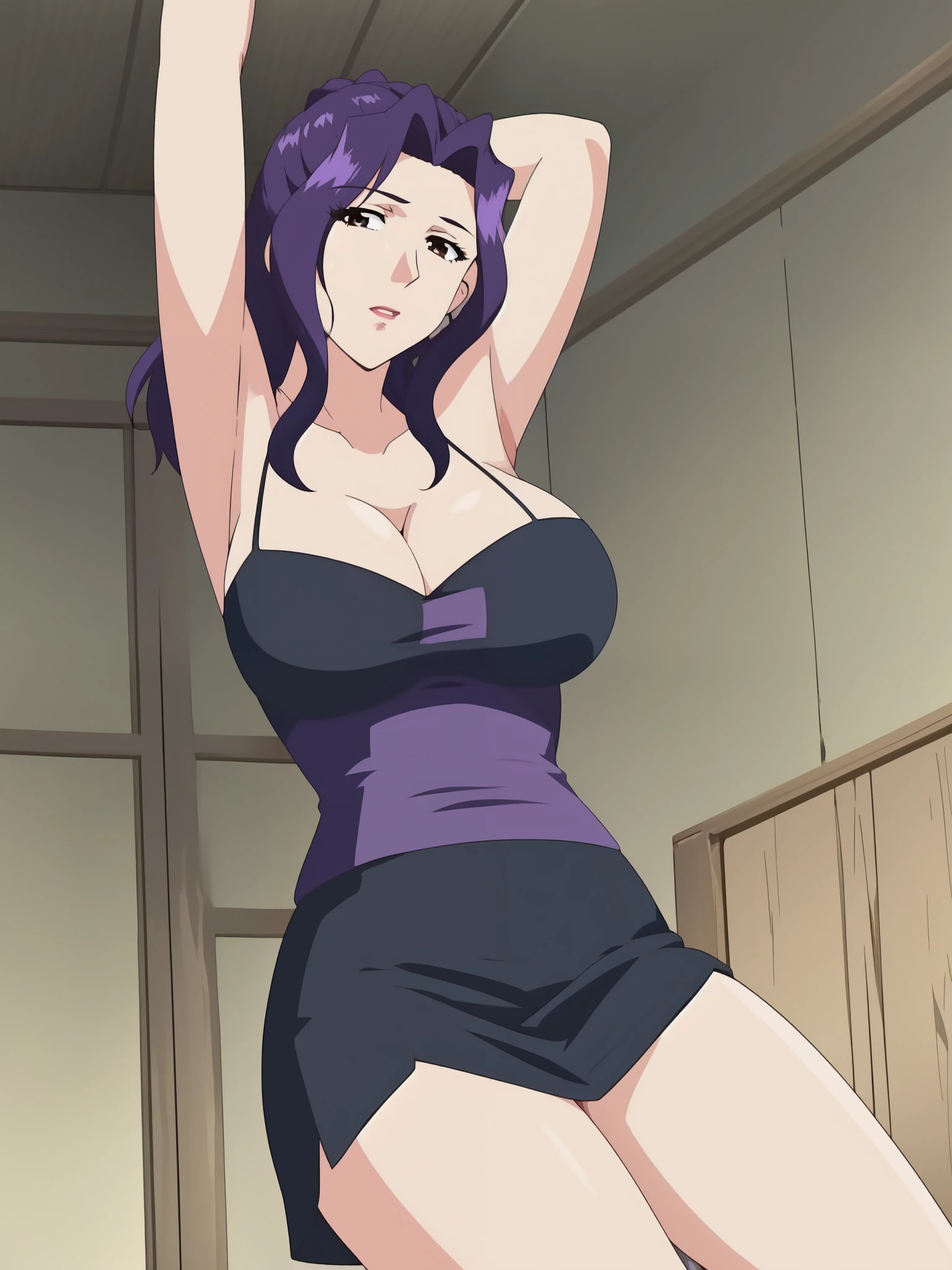 Armpit Show,No sleeve,One girl, alone, Long Hair, Large Breasts, Cleavage, Brown eyes, good, Purple Hair, black isress, ,Short skirt,  , Mature Woman, wiisow, :is, (masterpiece: 1.0), (Highest_quality: 1.0), 