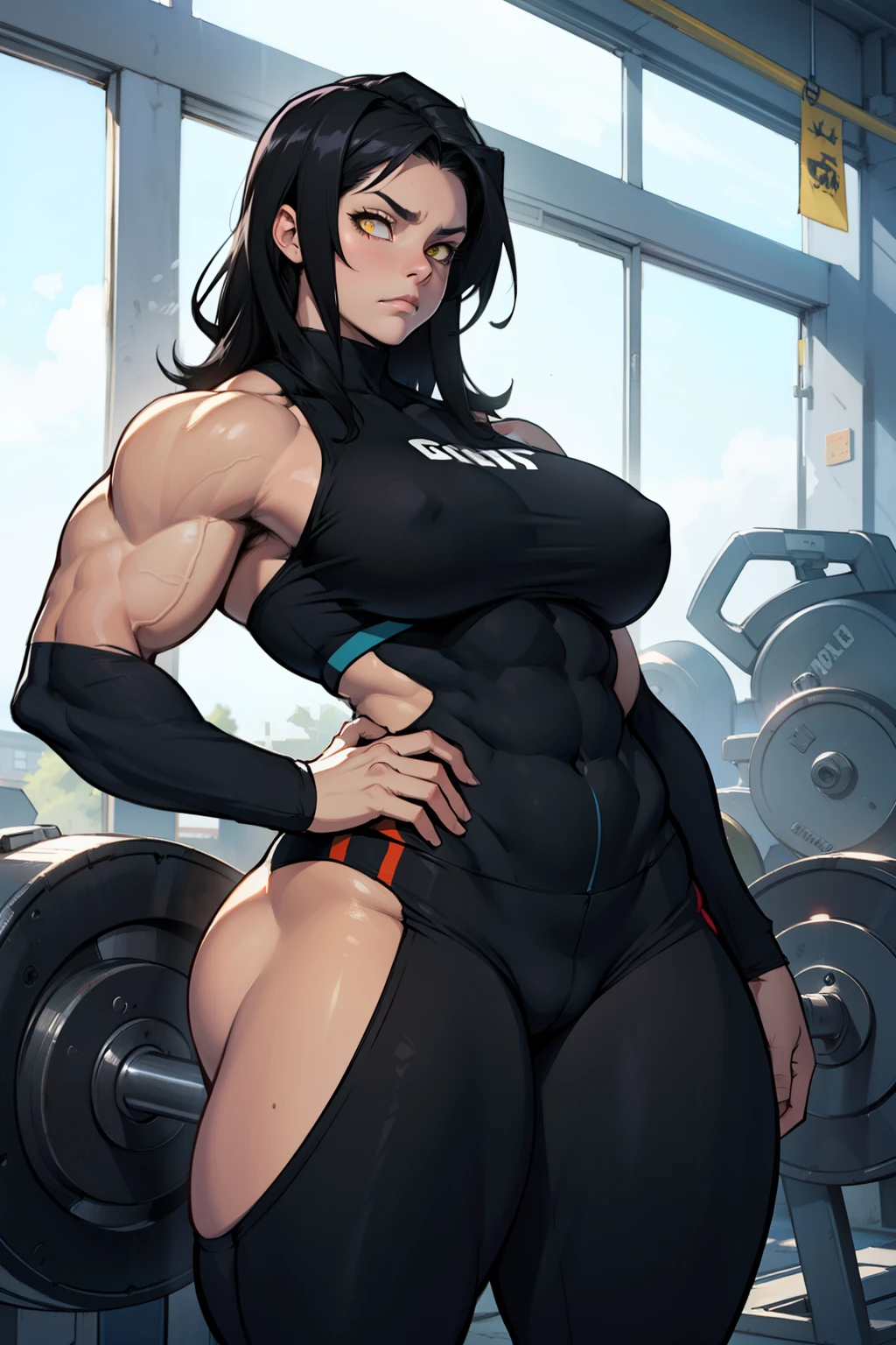 wide hips curvy thick thighs voluptuous large breasts muscular toned body bodybuilder black hair pale skin yellow eyes skintight expressionless sad