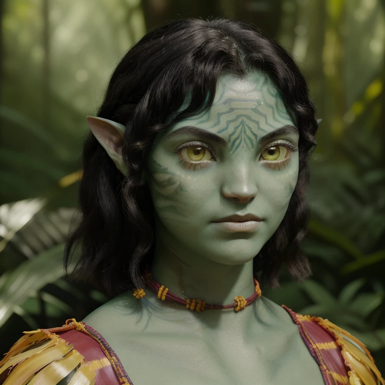 avatar style, (face portrait:1.6), naavi, 1girl, female, (yellow eyes), (big eyes), ((eyebrowless)), pointy ears, (forest green skin tone:1.0), (wavy hair:1.0), black hair color, ((short hairstyle)), (()), (young adult), 18 years old, face wrinkles, wearing colorful tribal clothing, (wearing tribal acessories), detailed eyes, toned body, muscled body, vibrant colors, glowing, ethereal atmosphere, surrealistic dreamy lighting, textured skin, otherworldly beauty, mesmerizing photography, (best quality, highres), vivid colors, ultrarealistic, skin details, striped skin, sfw, face close-up:0.5, ultradetailed body, ((green skin)), Brazilian Native, c4m1l4m