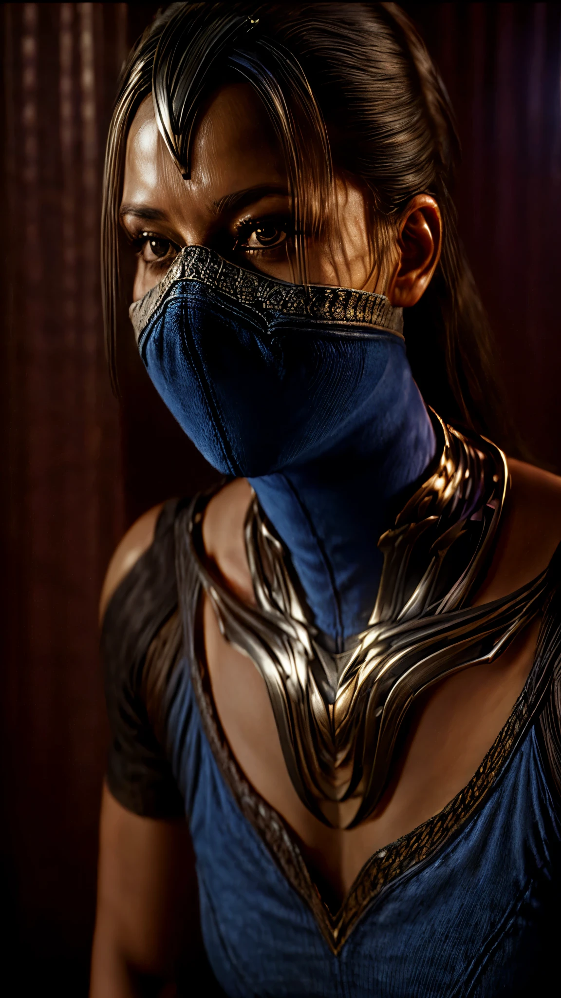 kitana, masterpiece, best quality, solo, 1girl, mask, brown eyes, looking at viewer, mouth mask, portrait, realistic, covered mouth,