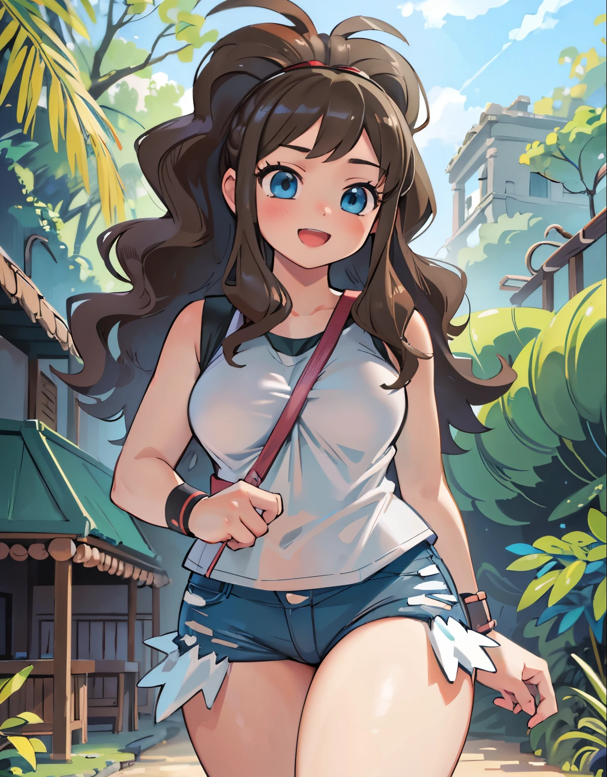 (best quality,4k,8k,highres,masterpiece:1.2),ultra-detailed,(realistic,photorealistic,photo-realistic:1.37)highres,portrait,beautiful girl, ultra-detailed, realistic:1.37, sketches, hilda pokemon, def1, full body, detailed eyes, beautiful eyes, anime style eyes, perfect hands, curvy, visible thighs, chubby thighs, thighs in the foreground, loved look, open mouth, smile, encanto fe******,  in some Mayan ruins, tropical setting, lost civilization, dinamic pose