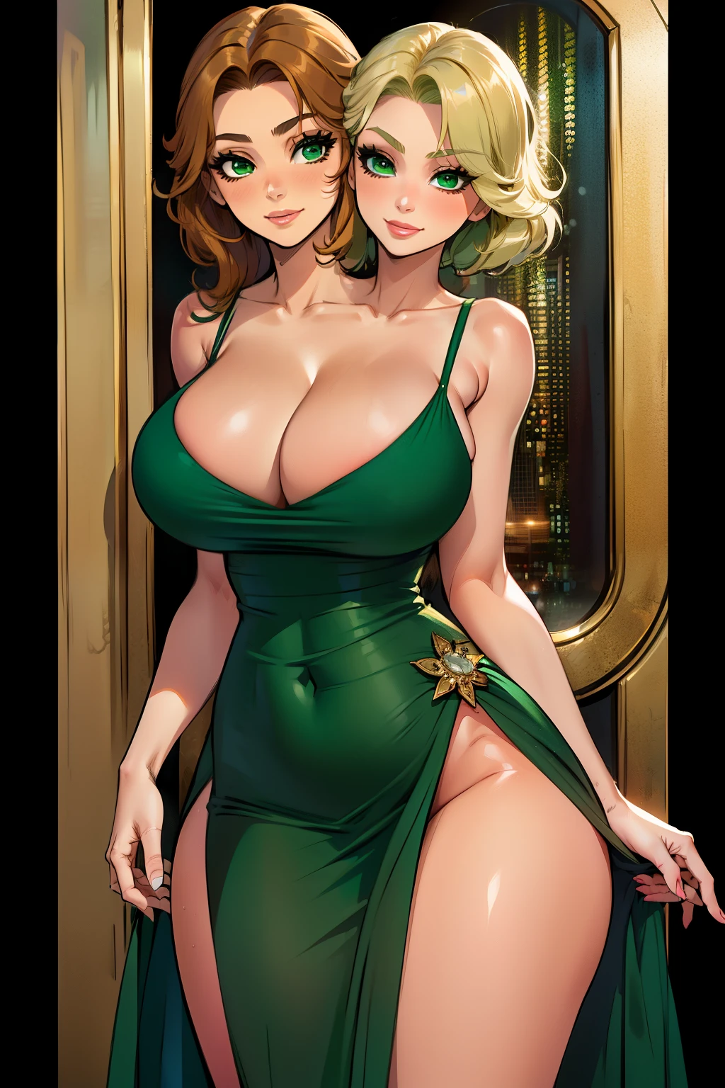 best quality, (masterpiece),(ultra-detailed), (high quality), (high resolution), ((2heads:1.5)), best quality:1.5, highres, UHD, 16K), ((two headed woman)), smiling, ((blonde hair)), ((long hair)), cleavage, ((green dress:1.5)), lustrous and smooth skin, huge breasts, (mature woman), seductive silhouette, casual dress, sexy proportions, Beautiful girl with accentuated slender abs, long legs, seductive woman, ((gala background:1.5)), ((nightclub)), body con dress, strapless, sleeveless, green eyes, brown boots